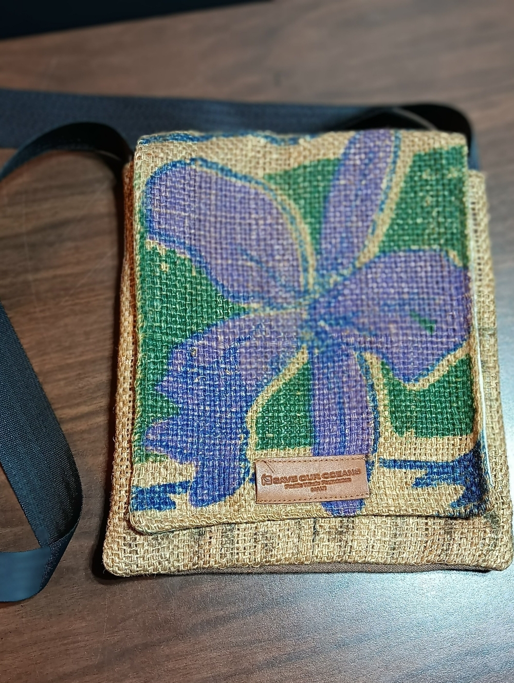 Java Cycle Upcycled Jute Burlap Crossbody Bag with Purple Flower Design